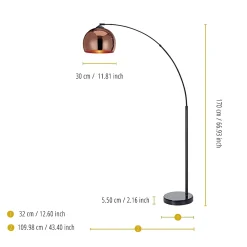 Lampadaire courbé en métal cuivré avec base imitation marbre