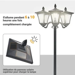Lampadaire de jardin luminaire extérieur solaire LED 3 têtes 120 Lm dim. 51,5L x 47l x 182,5H cm acier inox. plastique noir