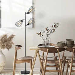 Lampadaire design industriel 3 ampoules max. 40 W abat-jour cage métal noir