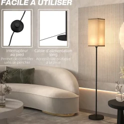 Lampadaire droit style contemporain H.161 cm métal noir abat-jour beige effet lin