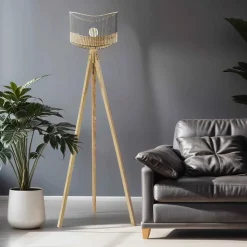 Lampadaire en manguier massif et rotin Oviala