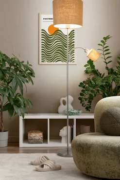 Lampadaire FILOMENA 165 cm metal plastique textile nickel mat brun hauteur 165 cm D: 30 cm douille E27 interrupteur