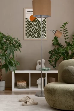 Lampadaire FILOMENA 165 cm metal plastique textile nickel mat brun hauteur 165 cm D: 30 cm douille E27 interrupteur