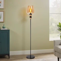 Lampadaire Ilona pied métal noir abat-jour en verre IP20 E27 40W Ø34 x H.150cm Lucide