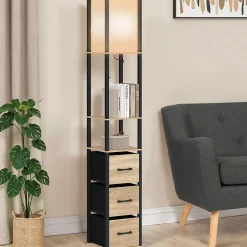 Lampadaire industriel en bois noir avec étagères bois clair 3 tiroirs tissu UTAH et abat-jour carré blanc