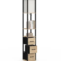 Lampadaire industriel en bois noir avec étagères bois clair 3 tiroirs tissu UTAH et abat-jour carré blanc