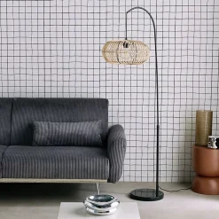 Lampadaire intérieur exotique rotin naturel métal et pierre effet marbre H170cm Diego