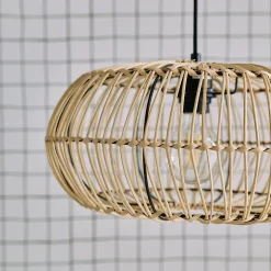 Lampadaire intérieur exotique rotin naturel métal et pierre effet marbre H170cm Diego