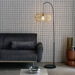 Lampadaire intérieur exotique rotin naturel métal et pierre effet marbre H170cm Diego