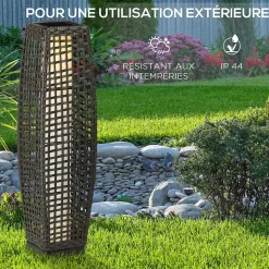 Lampadaire LED solaire de jardin style colonial dim. 21L x 21l x 78H cm résine tressée filaire grise