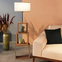 Lampadaire Mansfield avec étagère hauteur 140 cm E27 effet bois noir crème lux.pro