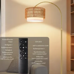 Lampadaire Nettlife boho en rotin avec telecommande LED E27 style vintage hauteur reglable 165 a 180 cm dore