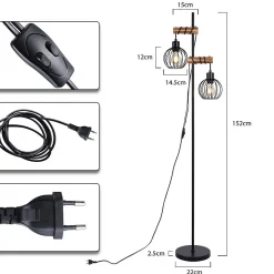 Lampadaire nettlife noir lampadaire salon bois - lampadaire vintage 2 ampoules en métal avec interrupteur e27 152cm (sans ampoule)