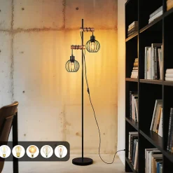 Lampadaire nettlife noir lampadaire salon bois - lampadaire vintage 2 ampoules en métal avec interrupteur e27 152cm (sans ampoule)