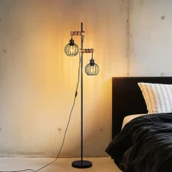 Lampadaire nettlife noir lampadaire salon bois - lampadaire vintage 2 ampoules en métal avec interrupteur e27 152cm (sans ampoule)