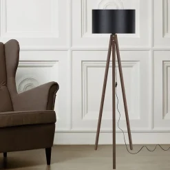 Lampadaire Rochester trépied hauteur 136 cm E27 effet noyer noir lux.pro