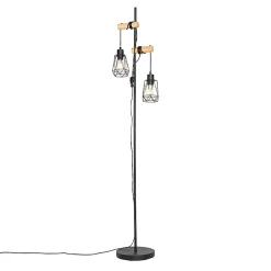 Lampadaire rustique noir avec bois 2 lumières avec abat-jour - Dami Frame