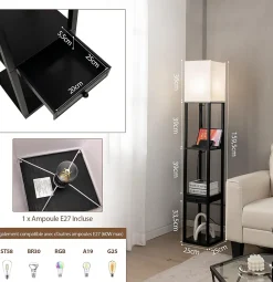 Lampadaire Salon avec 3 Étagères et Tiroir Lampadaire Autoportant Moderne avec Luminosité Réglable et 1 Port USB