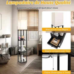 Lampadaire Salon avec 3 Étagères et Tiroir Lampadaire Autoportant Moderne avec Luminosité Réglable et 1 Port USB