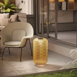 Lampadaire solaire LED en résine tressée filaire style boho dia. 30 x 55H cm beige