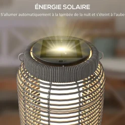 Lampadaire solaire LED portable style colonial dia.18 x 37 cm résine tressée grise
