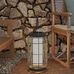 Lampadaire solaire LED portable style colonial dia.18 x 37 cm résine tressée grise