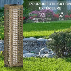 Lampadaire solaire LED style exotique H.69 cm résine tressée aspect rotin naturel