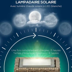 Lampadaire solaire LED style exotique H.69 cm résine tressée aspect rotin naturel