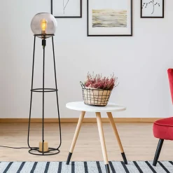 Lampadaire STELO 128,5cm moderne metal noir verre fume douille E27 salon salle a manger entree bureau luminaire