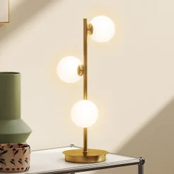 Lampadaire style néo-rétro métal effet laiton 3 abat-jours globe verre dépoli blanc