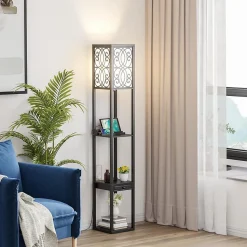 Lampadaire sur Pied à 3 Niveaux, avec Douilles E27, étagères et Tiroir de Rangement, pour Salon, Chambre, Balcon (Modèle B)