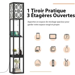 Lampadaire sur Pied à 3 Niveaux, avec Douilles E27, étagères et Tiroir de Rangement, pour Salon, Chambre, Balcon (Modèle B)