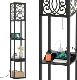 Lampadaire sur Pied à 3 Niveaux, avec Douilles E27, étagères et Tiroir de Rangement, pour Salon, Chambre, Balcon (Modèle B)