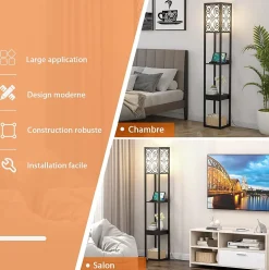 Lampadaire sur Pied à 3 Niveaux, avec Douilles E27, étagères et Tiroir de Rangement, pour Salon, Chambre, Balcon (Modèle B)