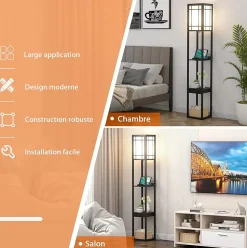 Lampadaire sur Pied à 3 Niveaux, avec Douilles E27, étagères et Tiroir de Rangement, pour Salon, Chambre, Balcon (Modèle A)