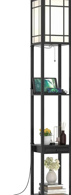 Lampadaire sur Pied à 3 Niveaux, avec Douilles E27, étagères et Tiroir de Rangement, pour Salon, Chambre, Balcon (Modèle A)