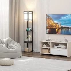 Lampadaire sur Pied à 3 Niveaux, avec Douilles E27, étagères et Tiroir de Rangement, pour Salon, Chambre, Balcon (Modèle A)