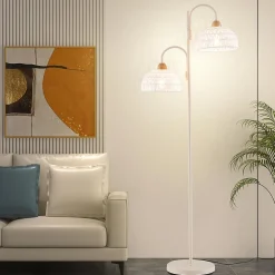 Lampadaire sur Pied Salon 155cm,Abat-Jour Tissés en Corde,en Métal avec Interrupteur au Pied,pour Chambre,Bureau,Blanc(Classe B)