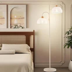 Lampadaire sur Pied Salon 155cm,Abat-Jour Tissés en Corde,en Métal avec Interrupteur au Pied,pour Chambre,Bureau,Blanc(Classe B)