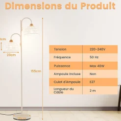 Lampadaire sur Pied Salon 155cm,Abat-Jour Tissés en Corde,en Métal avec Interrupteur au Pied,pour Chambre,Bureau,Blanc(Classe B)