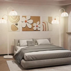 Lampadaire sur Pied Salon 155cm,Abat-Jour Tissés en Corde,en Métal avec Interrupteur au Pied,pour Chambre,Bureau,Blanc(Classe B)