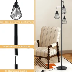 Lampadaire sur Pied Vintage 3 Têtes en Forme de Larme Lampe Salon Design avec Hauteur 168CM Lampadaire Arbre Rustique Noir
