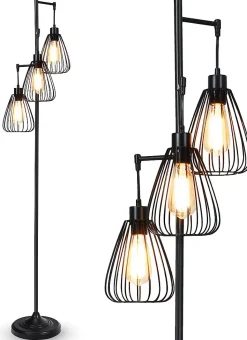 Lampadaire sur Pied Vintage 3 Têtes en Forme de Larme Lampe Salon Design avec Hauteur 168CM Lampadaire Arbre Rustique Noir