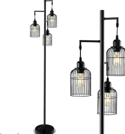 Lampadaire sur Pied Vintage Cage Métallique Interrupteur au Sol Lampadaire Salon en Forme Arbre en Métal pour Bureau Noir