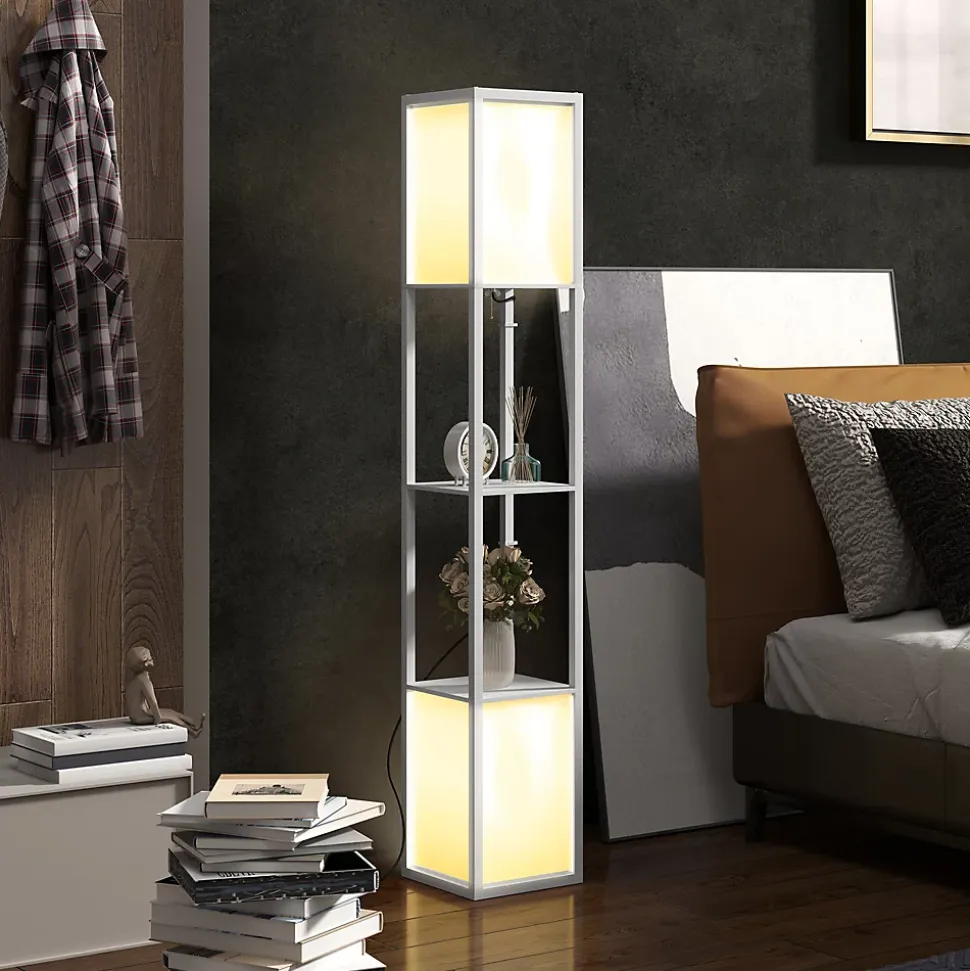 Lampadaire étagères design H.156 cm double éclairage abat-jour tissu blanc