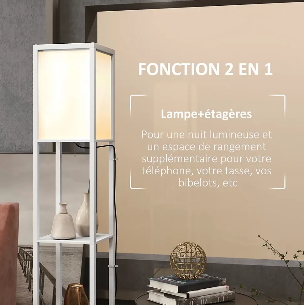 Lampadaire étagères design H.156 cm double éclairage abat-jour tissu blanc