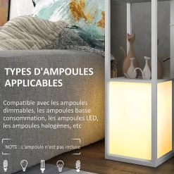 Lampadaire étagères design H.156 cm double éclairage abat-jour tissu blanc