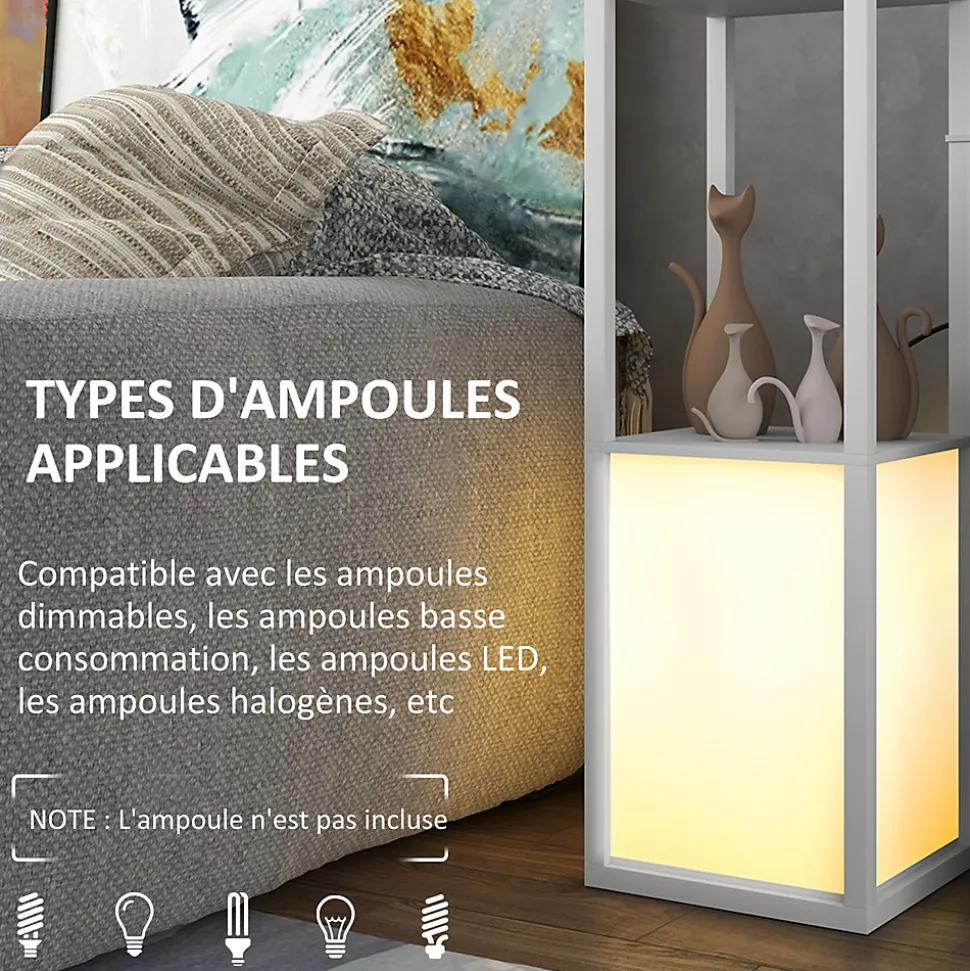 Lampadaire étagères design H.156 cm double éclairage abat-jour tissu blanc