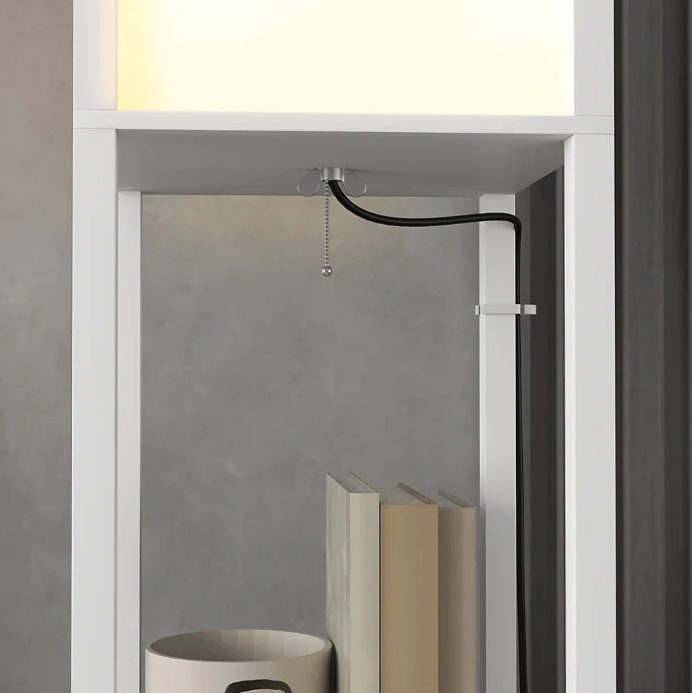 Lampadaire étagères design H.156 cm double éclairage abat-jour tissu blanc