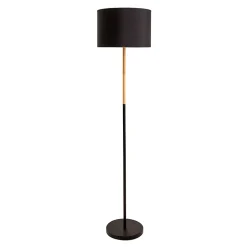 Lampadaire textile 'TESSILE', lampadaire en métal, bois d'hévéa et tissu noir, et naturel, douille E27, hauteur 126 cm